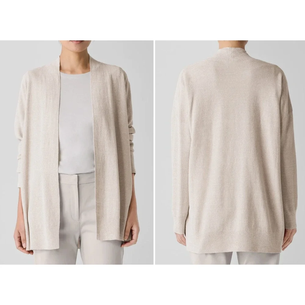 Eileen Fisher Organic Linen Cotton Open Front Cardigan‎ Oatmeal Beige PM